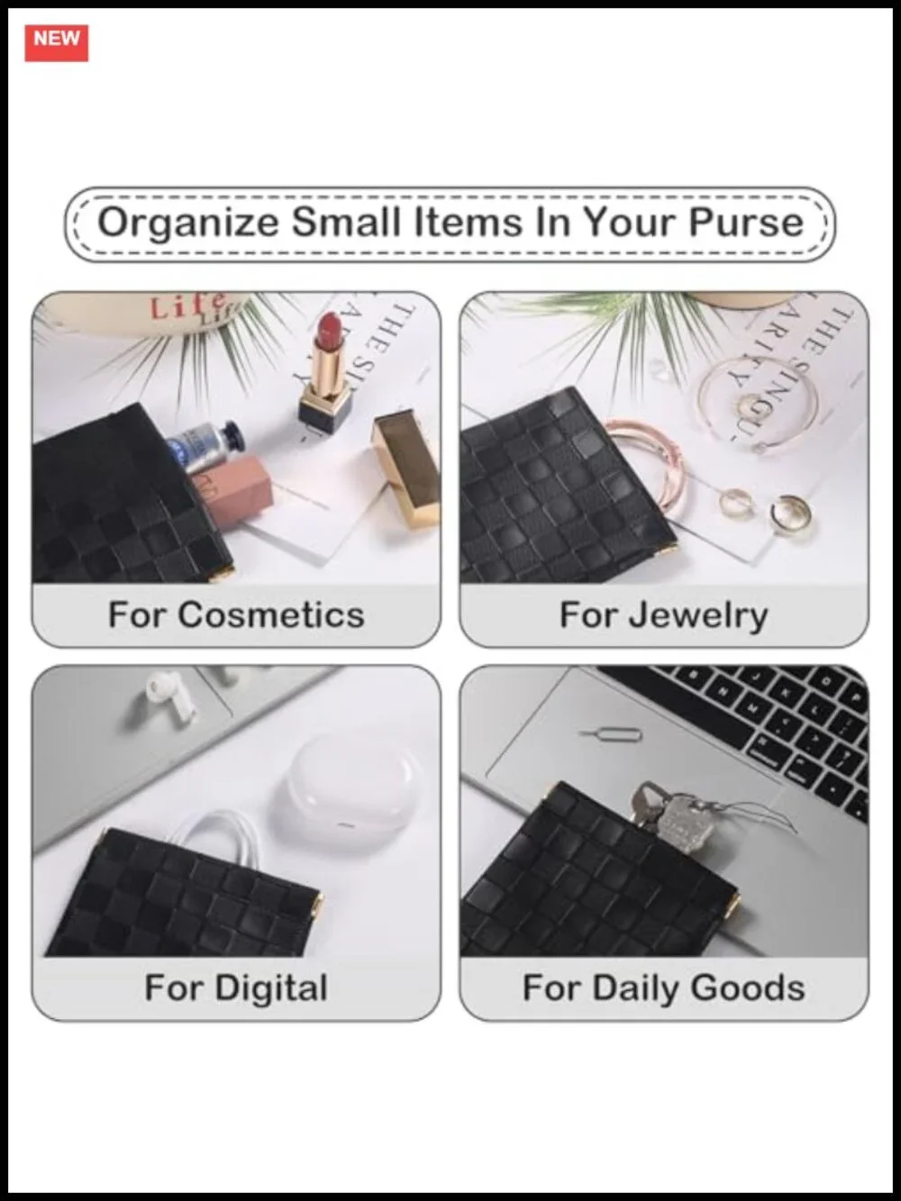 Set of 2 Mini Cosmetic Pouch Checkered PU Leather Self-Closing Travel Organizer